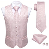 Riolio 4PC Mens Extra Silk Vest Party Wedding Gold Paisley Solid Floral Waistcoat Vest Pocket Square Tie Suit Set