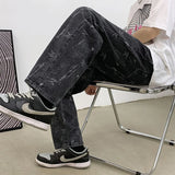 Riolio Jeans Men Design Print Mid Waist Oversize Baggy Jean Streetwear Zipper Fly Straight Denim Trousers Hip Hop Retro Teens Men