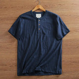 Riolio Bamboo Joint Cotton Shirt Breathable Henry Neck Tough Guy Casual Short-sleeved T-shirt Men's Summer Sports Retro Top