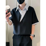 Riolio  Fashion Patchwork Striped Short Sleeve Shirt Men Summer Trendy Casual