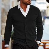 Riolio  Spring Autumn Mens Solid Color Knitted Cardigan Fashion V-Neck Long Sleeve Slim Fit Sweater Coat with Pockets Men Knit Outwear