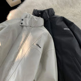 Riolio  Winter men and women trendy and personalized PU leather jacket for couples loose and thick motorcycle suit stand up collar top