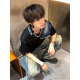 Riolio American summer high street men and women trendy denim patchwork round neck short sleeved couple hip-hop loose casual T-shirt