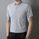 Riolio  Fashion korean popular clothes 100%cotton oxford summer Short sleeve shirts for men slim fit formal plain shirt white pink tops