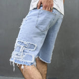 Riolio Summer Men High Street Ripped Patch Denim Shorts Stylish Solid Casual Male Straight Jeans Shorts