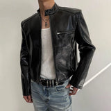 Riolio  Mens Pu Biker Jacket Autumn Streetwear Fashion Slim Fit Nightclub Punk Urban Youth Motorcycle Statement Outerwear