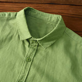 Green Cotton Linen Casual Shirts For Men Basic Classic Long Sleeve Turn-down Collar Breathable Clothing