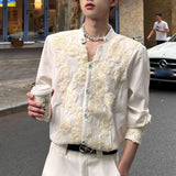 Riolio  Mens Rose Embroidery Court Casual Shirt Autumn Streetwear Fashion Niche Youth Versatile Long-Sleeve Top Men'S Clothing New