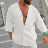 Riolio  Summer Fashion Solid Shirts For Men Top Casual Loose Simple Retro Cardigan Quarter Sleeves Pullover Waffle Shirts Male Clothing