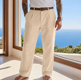 Riolio  Solid Color Pleated Linen Suit Pants For Men Elastic High Waist Straight Wide Leg Trousers Summer Office Casual Beach trousers