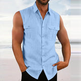 Riolio Leisure Men's Cotton Linen Tank Tops Spring Summer Casual Solid Color Buttoned Lapel Sleeveless Vest Shirt Fashion Camisole