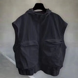 Riolio  Summer Men's Hooded Sleeveless Vest Korean Style Waistcoat Oversized Workwear Trendy Solid Loose Tank Top for Unisex Cargo Vests