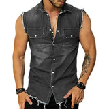 Riolio Lapel Sleeveless Vest Jacket Single-breasted Flap Pockets Tassel Men Summer Solid Color Denim Shirt Streetwear Show  Body Muscle