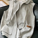 Riolio  High street sleeveless jacket hoodies women college style streetwear summer grey jackets for women y2k casual short sleeve coat