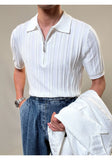 Riolio Zipper Knitted Short-sleeved Polo Shirt Men Summer American Retro Commuting Loose Vertical Striped Pit Strip Lapel T-shirt Men