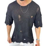 Riolio Vintage Knitting T Shirts Men Summer Short Sleeve O Neck Fashion Ripped Tee Streetwear Mens Leisure Solid Color Knit Jumper Tops