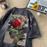 Riolio Gothic Washed Tshirts Rose Printed Streetwear Men T-shirt O-neck Oversized Korean Short Sleeve Tops Harajuku Casual Male Tee