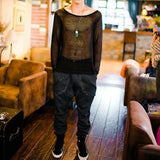 Riolio  Mens T-Shirt Transparent Sexy Ballroom Thin T-Shirt Summer Nightclub Stage Performance Long-Sleeved Top Men'S Clothing New