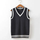 Riolio  Striped White Knitted Sweaters for Men Blue Sleeveless Man Clothes V Neck Vest Red Waistcoat Jumpers Sweat-shirt Cigaret Cotton