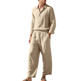 Riolio  American Four Seasons Linen Men's Casual Loose Beach Sunscreen Long Sleeve Shirt Pants Set