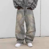 Riolio  Y2k Hip Hop Baggy Jeans Men's Street Fashion Raw Edge Embroidered Jeans Street Gothic Retro High Waisted Wide Leg Trousers