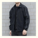 Riolio Jackets Men Autumn Pockets Casual Patchwork Loose Windbreaker Stripe Zipper Stand Collar Waterproof Outdoor Sports Bomber Jacket