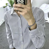 Riolio  New Korean Style Slim Striped Long-sleeved Shirt for Men Hong Kong Style Casual Retro Square Collar Loose Large Size Men's Shirt