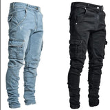 Riolio  Stylish Tide Brand Men Cargo Narrow Leg Denim Pants Elastic Slim Fit Jeans Solid Color Multi Pockets Casual Skinny Male Trousers