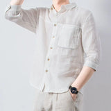 Riolio  7-point Mid-sleeved Shirt Men Summer Loose Large-size Lapel Open-line Pocket Breathable Casual Cardigan