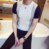 Riolio  Men's Clothing Short Sleeve Pullovers Handsome Thin Summer Patchwork Round Neck Fashion Striped Casual Straight T-Shirts