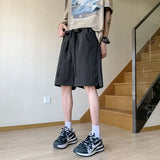 Riolio  Summer Men's Clothing Solid Color Pockets Elastic High Waisted Knee Pants Wide Leg England Style Loose Drawstring Shorts