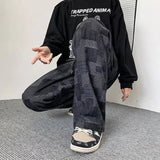 Riolio Autumn Blue Black Plaid Jeans For Men Y2K Vintage Wide-leg Jean High Street Loose Straight Denim Trousers Hip Hop Pantalones