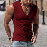 Riolio  Summer Men's Solid Color V-Neck Tank Tops Casual Breathable Sleeveless T-Shirt Men Fitness Sports Vest Male Outdoor Jogging Tops