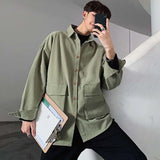 Riolio Spring Autumn Fashion Polo Neck Long Sleeved Shirt Men's Clothing Casual Versatile Solid Color Pocket Button Rope Hombre Tops