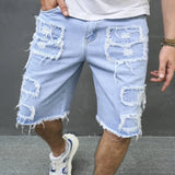 Riolio Summer Men High Street Ripped Patch Denim Shorts Stylish Solid Casual Male Straight Jeans Shorts