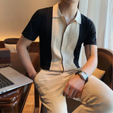Riolio  Korean Summer Men Knitted Shirts Streetwear Fashion Male Clothes New Contrast Color Slim Fit Short Sleeve Business Casual Tops