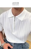 Riolio Zipper Knitted Short-sleeved Polo Shirt Men Summer American Retro Commuting Loose Vertical Striped Pit Strip Lapel T-shirt Men