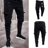 Riolio  Fashion Streetwear Ripped Skinny Jeans Men Side Mulit Pockets Denim Cargo Pants Slim Fit Pantalones Hombre Soft Elastic Joggers