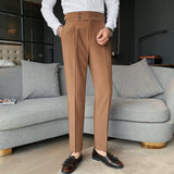 Riolio British Style Autumn New Solid High Waist Trousers Men Formal Pants High Quality Slim Fit Business Casual Suit Pants Hommes