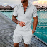 Riolio Men's Athletic T-Shirt Set Casual Mesh Lapel Short Sleeve Pullover Tops+Shorts 2-Piece Male Solid Thin Sporty Suits Black Zipper