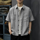 Riolio  Mens Beige White Plaid Short Sleeve Shirt Button Down Loose Fit Chest Pocket Casual Work Shirt