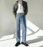 Riolio Minimalist Style High-end Jeans Men's Trousers Solid Color Loose Straight Denim Pants Male Draped Dark Blue Trousers