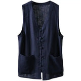 Riolio  Men's Linen Vest Summer Chinese Style Frog Button V Neck Sleeveless Loose Casual Waistcoat