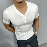 Riolio  Summer New Casual Knit T Shirts Mens Vintage Buttoned V Neck Slim T-shirt Trendy Men Short Sleeve Solid Color Knitting Tops