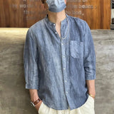 Riolio  Spring Summer New Solid Color Fashion Round Neck Shirt Man High Street Three Quarter Button Cardigan Fiberflax Breathable Tops