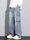 Riolio  New Men's Baggy Straight Cargo Jeans Elastic Waist Vintage Blue Black Smoky gray Denim Pants Fashion High Street Male Trousers