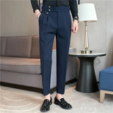 Riolio Spring Autumn Men High Waist Belt Design Casual Slim Formal Dress Pant Men Social Office Wedding Party Dress Suit Pants