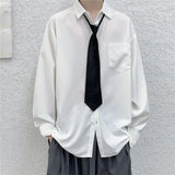 Riolio  Solid Color Shirt with Tie Spring Autumn New Style Hong Kong Style Retro Versatile Long Sleeve Men's Loose Casual Top Trend