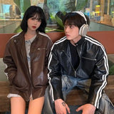 Riolio Retro Leather Jacket Men Women  American Patchwork Strip Racing Outerwear Loose Hip Hop Zippers Brown PU Coat Streetwear Spring