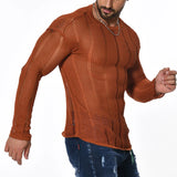 Riolio Sexy See Through Knitted T Shirt Mens Long Sleeve O Neck Slim Stretch Knit Tops For Men Casual Breathable Solid Color Pullovers